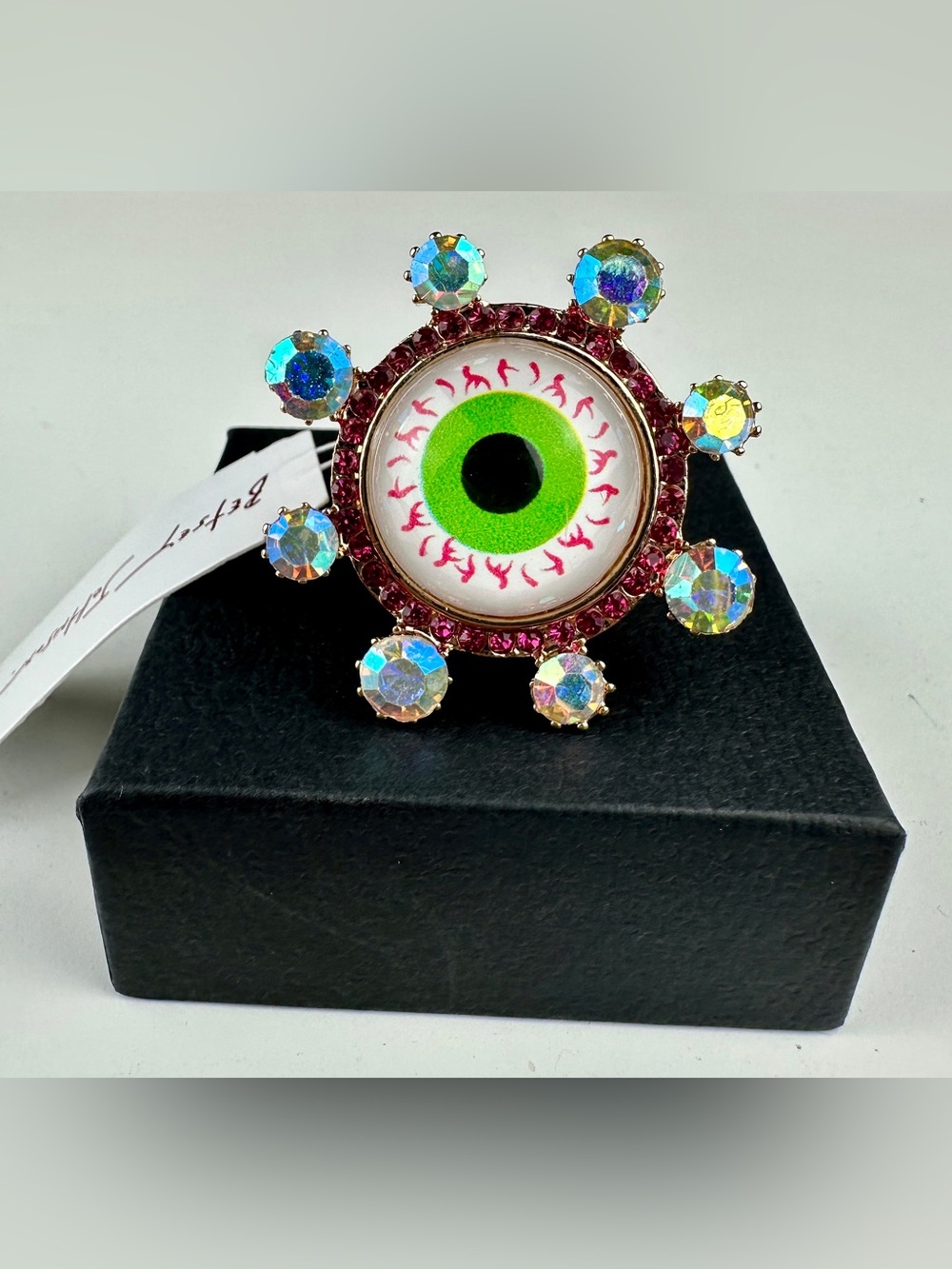 NWT Betsey Johnson Green Eyeball Stretch Ring Pink AB Crystal Halloween Statemen